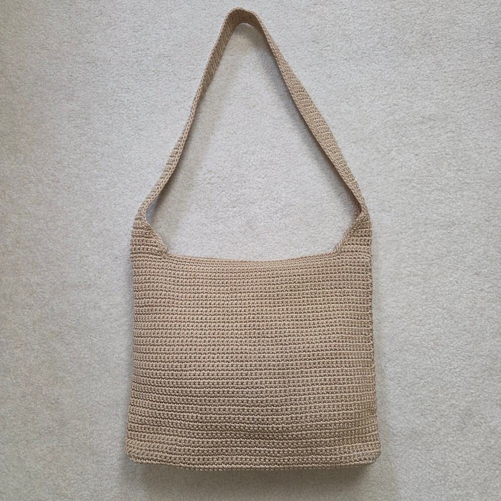 Lina Boho Crochet Woven Shoulder Bag Tote Top Zipper Pockets Wheat Tan